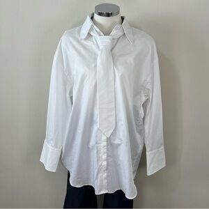 NWT Zara White Poplin Tie Neck Button Down Shirt Blouse Oversized Size S Read